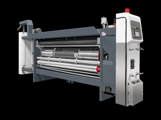 Grof karton G6-1224 Drukvrije voedingsstructuur Loodrand Vacuümoverdracht 4 Kleurenprinter + Slotter + Die Cutter + Vibrator + Stacker